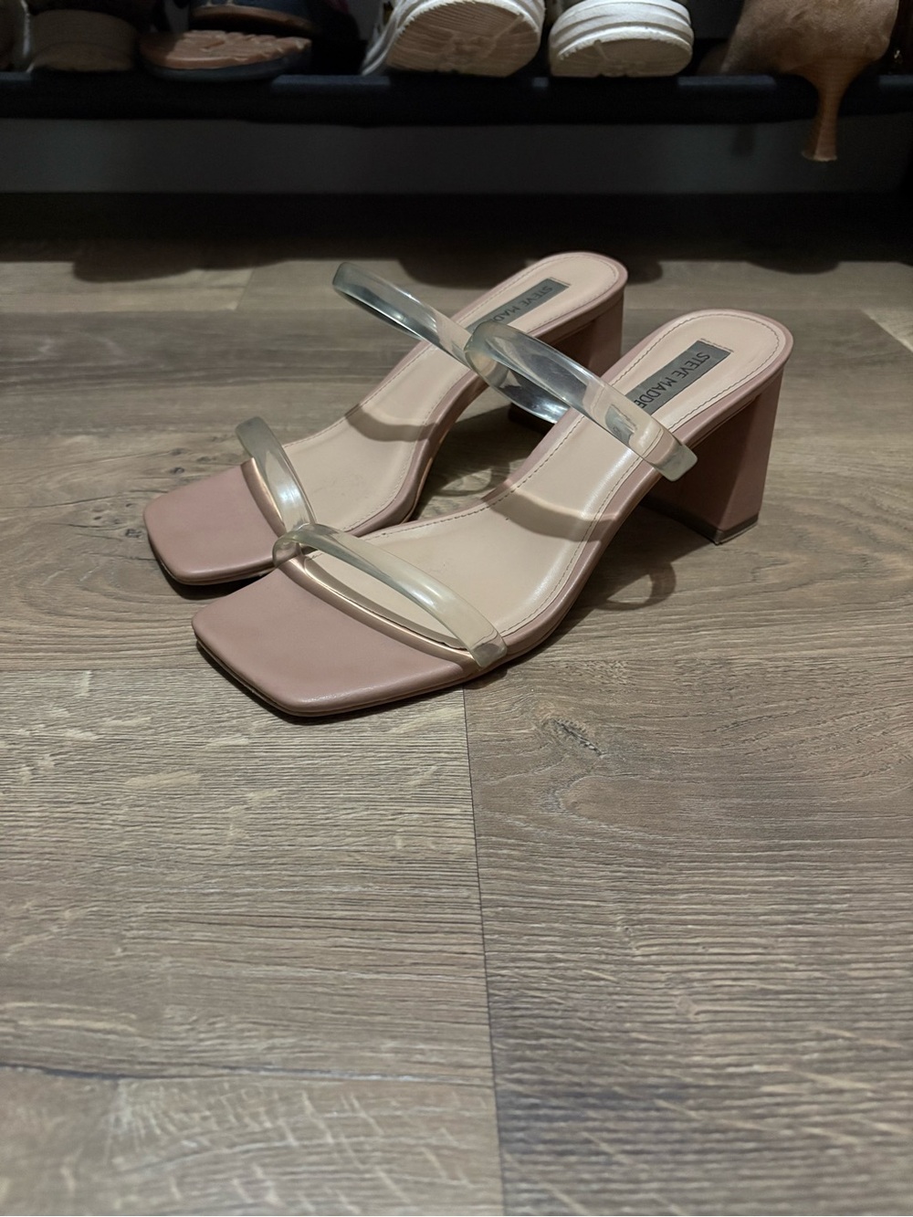 Steve Madden Blush Pink Block Heel Slide Sandals with Clear Straps